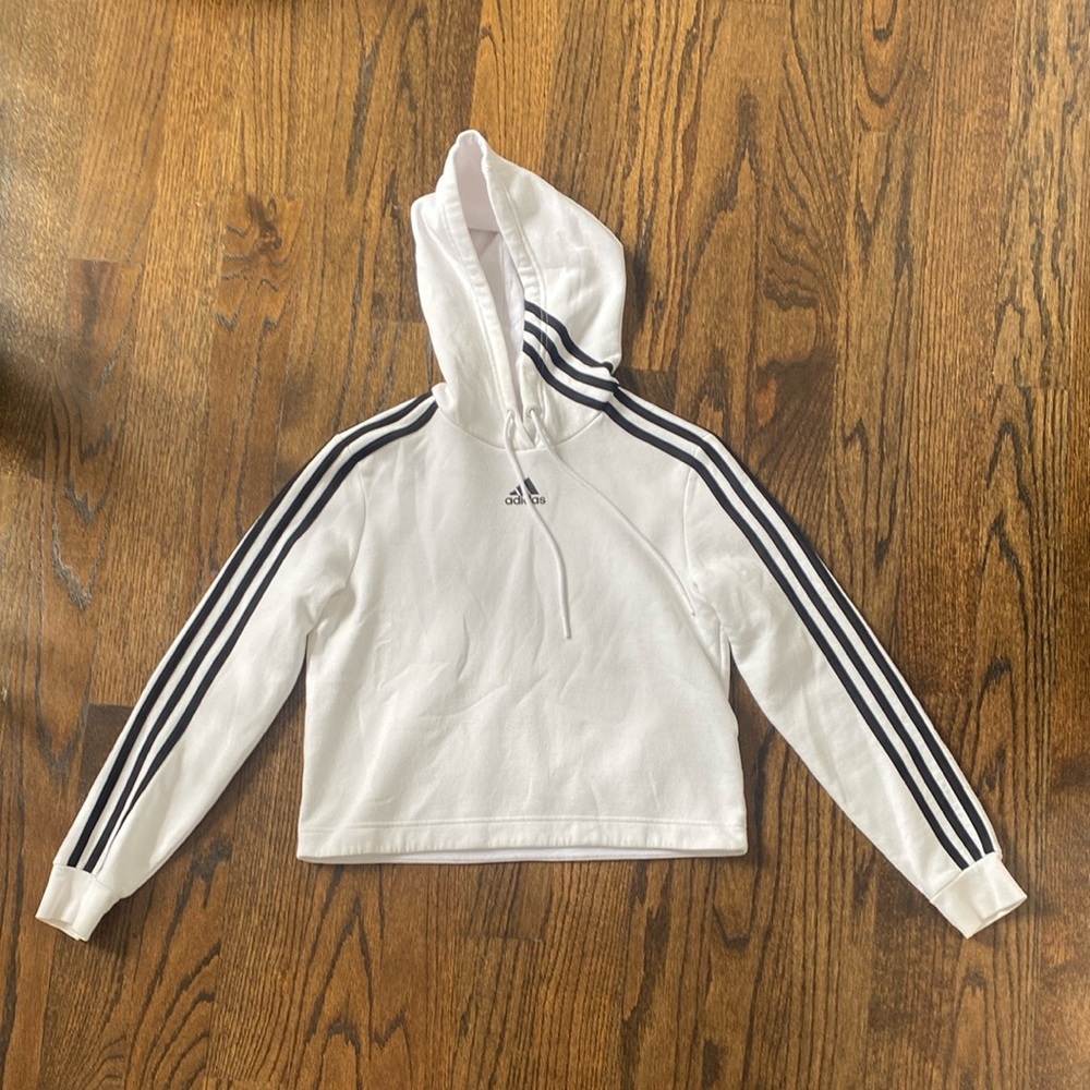 Adidas White Cropped Hoodie with Black Stripes